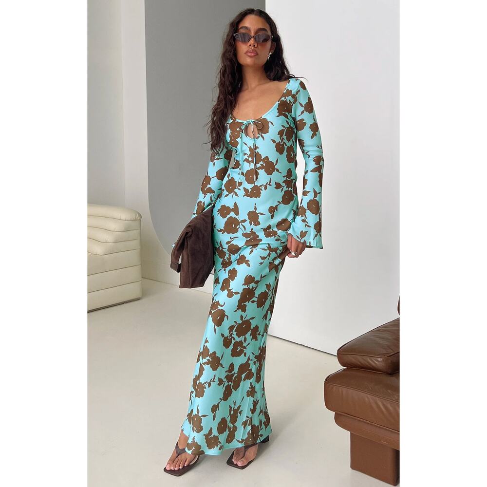 PRINCESS POLLY Elorie Long Sleeve Maxi Dress Blue / Brown Size 2 NEW